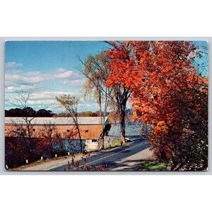 Postcard Vermont Windsor Covered Bridge Connecticut River c1960s Fall Autumn VTG